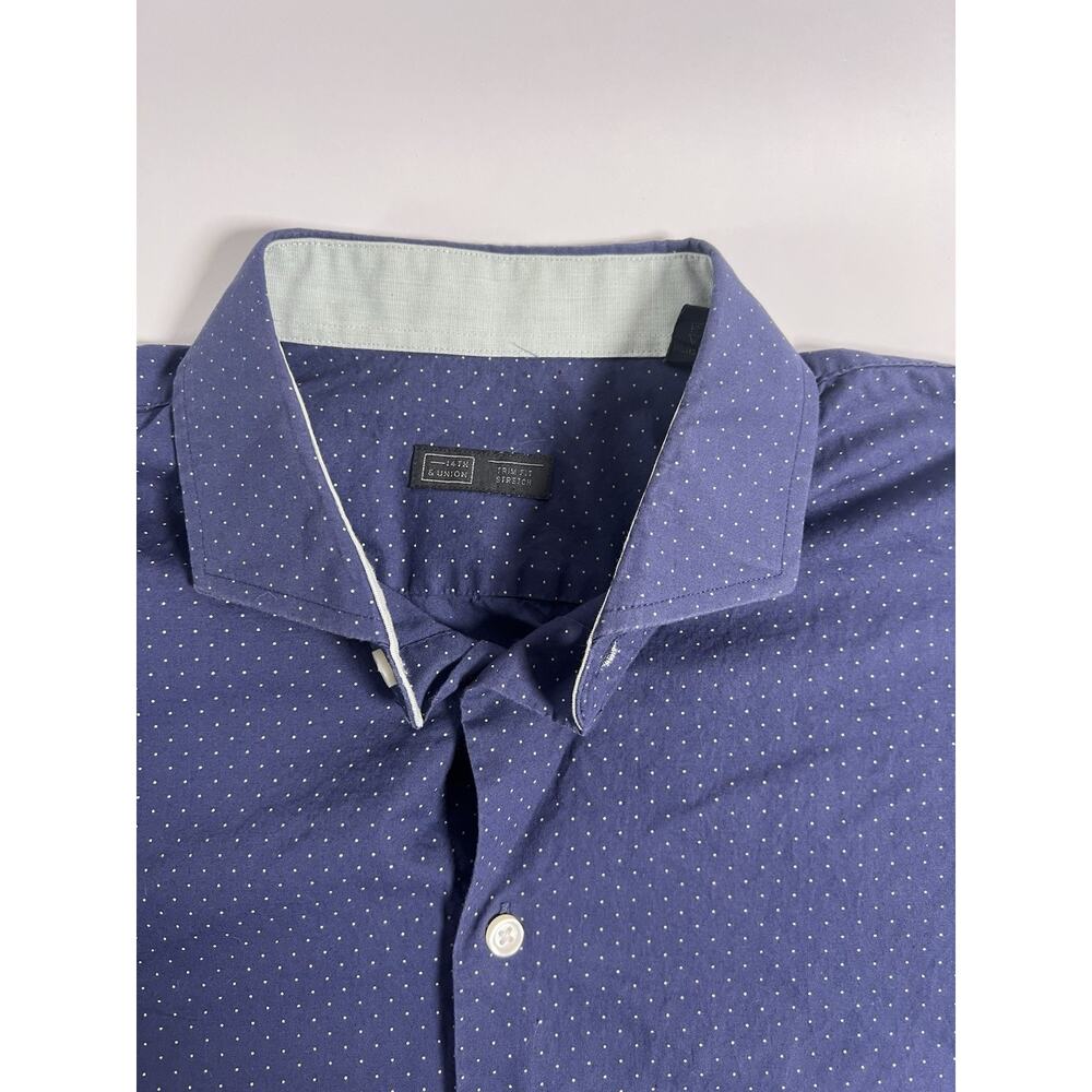 147 & Union Trim Fit Stretch Slim Blue Polka Dot 100% Cotton Dress Shirt L - Picture 5 of 7